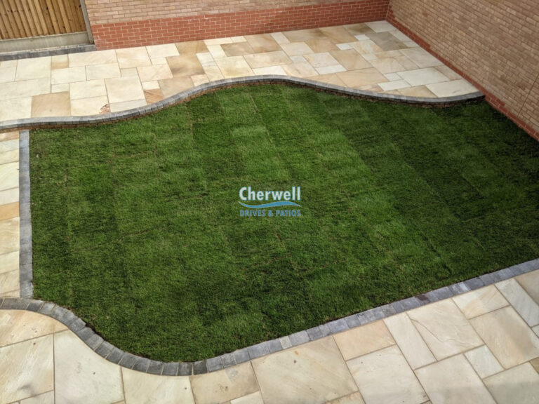 Indian Sandstone Patio with Pathway and Lawn in Middleton Cheney
