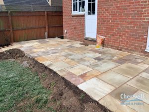 Indian Sandstone Patio with Railway Sleeper Borders in Banbury