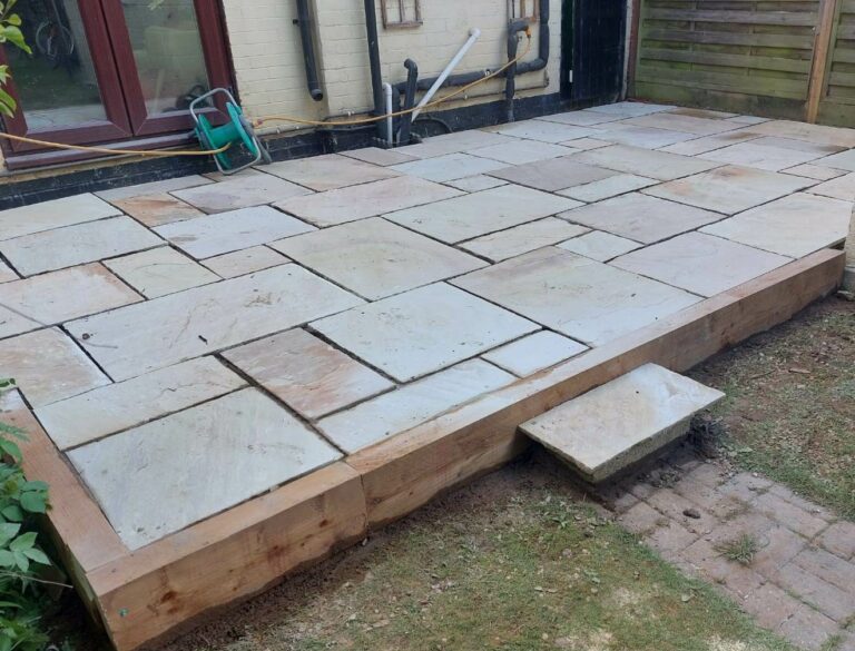 Indian Sandstone Patio with Sleeper Retainers in Banbury
