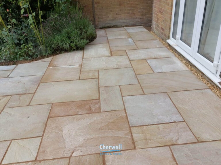 Indian Sandstone Patio with Sleeper Retainers in Banbury