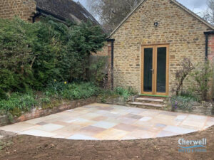 Semi-Circle Indian Sandstone Patio with Double Step in Wardington